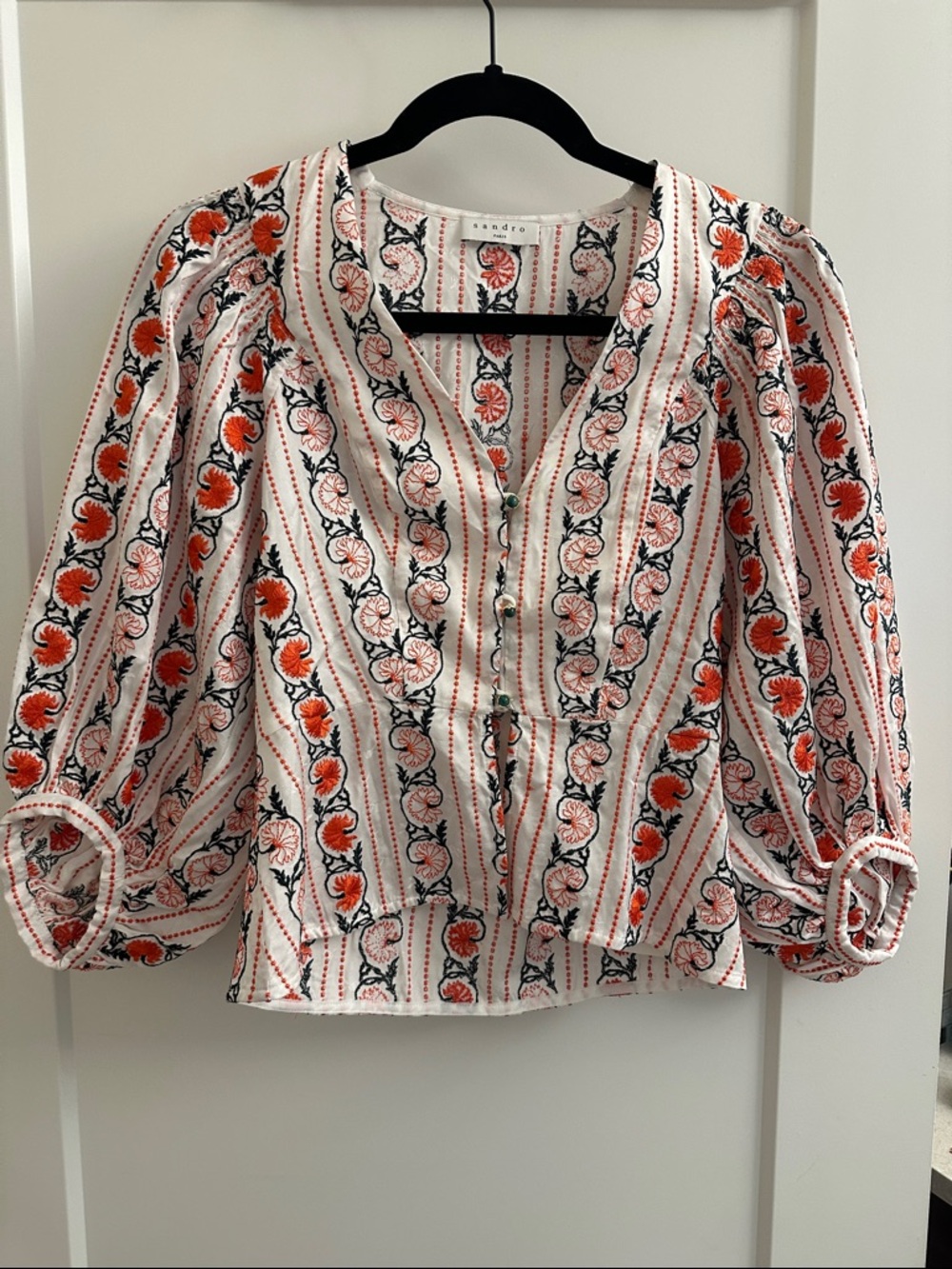 NWT- Sandro White Button Down Blouse with Floral Embroidery